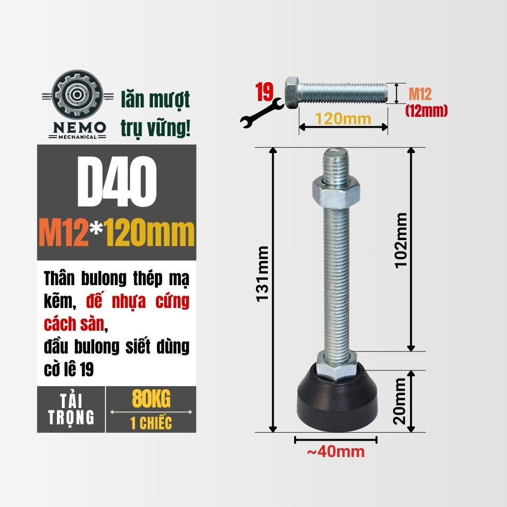 Chân Tăng Chỉnh Đế Nhựa Cứng – Giải Pháp Cân Bằng & Chống Rung (M10, M12, M16)